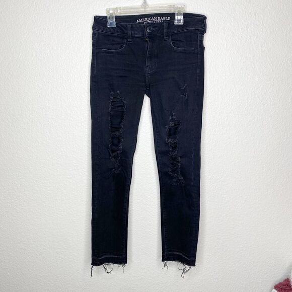 American Eagle Black Jegging Crop Distressed Ripped Black Denim Jeans Size 4 - Picture 3 of 7